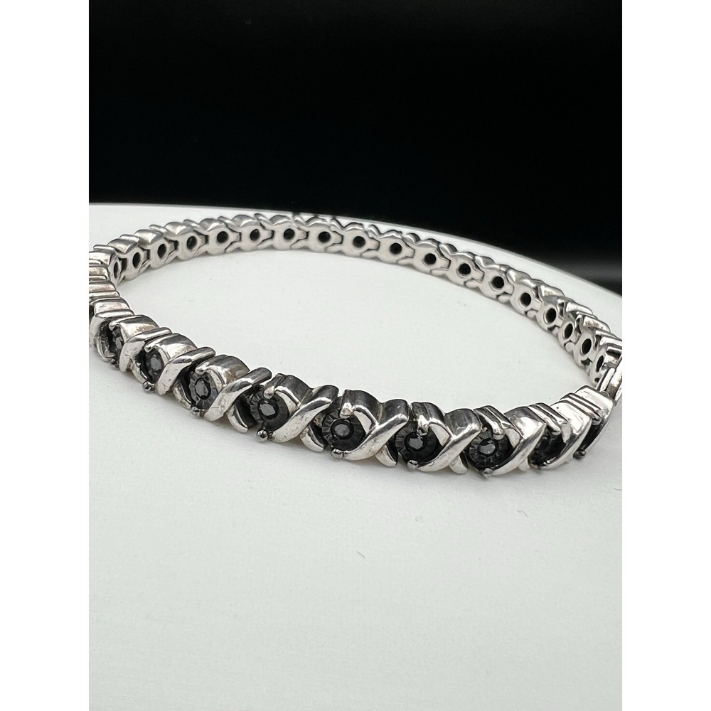 925 Sterling Silver Black Stone X Link Tennis Bracelet Size‎ 7.25 Goth